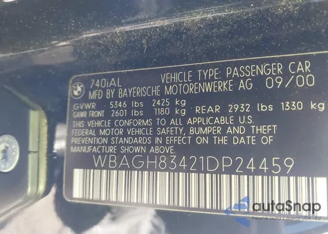 2001 BMW 740Il z USA, uszkodzony, nr VIN WBAGH83421DP24459